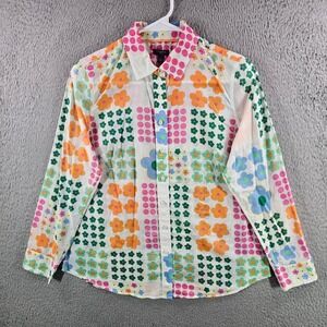 Talbots Petite Womens Small SP Floral Polka Dot Patchwork‎ Cotton Blouse Shirt